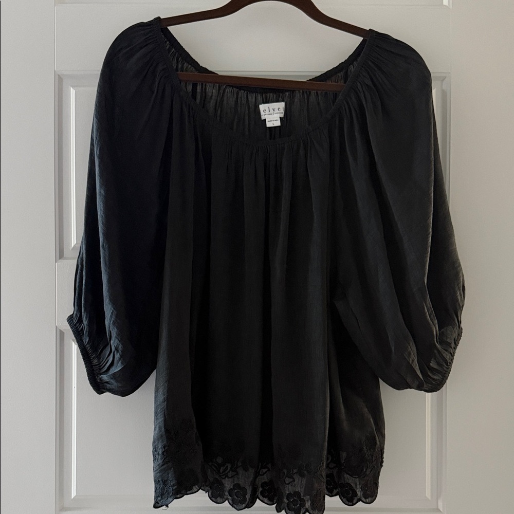 Velvet by Graham & Spencer Linen & Silk Black Blouse w/Balloon Sleeves Sz-Lg